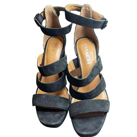 Coach Black Suede Platform Ankle Strap 4.5 Inch Heels Size 7 - Picture 2 of 10